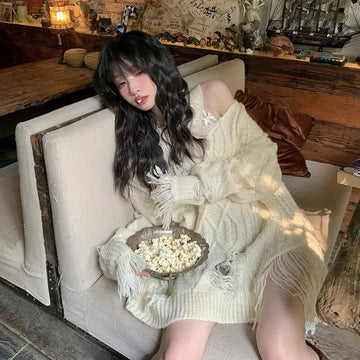 Grunge Hollow Out Sweater Women Harajuku Kpop Oversized Knitted Pullover Lazy Style Off Shoulder Jumper Y2K Tops Korean